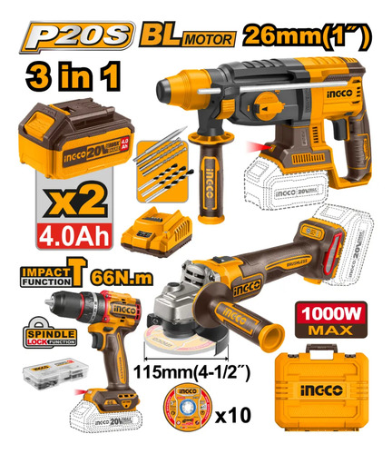 Kit Taladro + Amoladora + Rotomartillo Ingco Cosli241198 - Imagen 3
