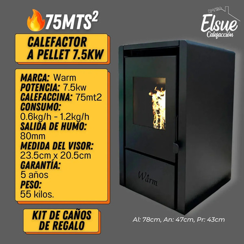 Calefactor Estufa Pellet 7.5kw 75m2 Warm Kit Caños Incluido - Imagen 4