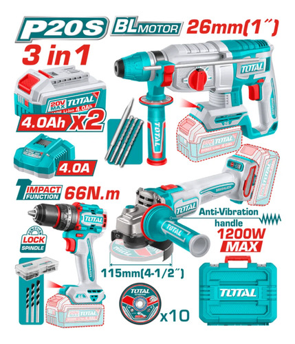 Kit Set Total 20v Atornillador Amolado Rotomartillo Con Bat - Imagen 2
