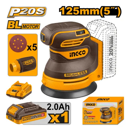 Lijadora Roto Orbital Bateria Ingco 20v 5 Lijas Accesorios - Imagen 2