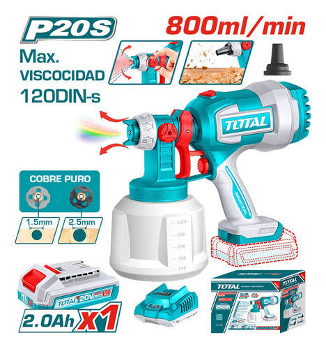 Pistola Pintar Inalambrica 20v Total 800ml Con Bateria Carg - Imagen 2