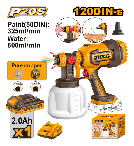Pistola De Pintura 20v Accesorios Con 2 Bateria Y Carg Ingco - Imagen 3