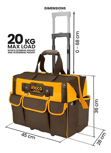 Bolso Valija Porta Herramientas 19 Bolsillos Ingco 20puLG - Imagen 2