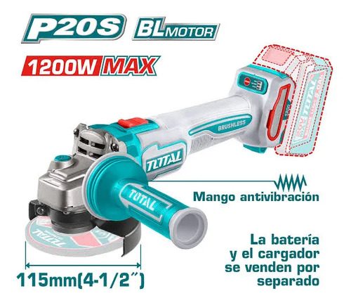 Amoladora Brushless Total 20v 1200w 4.1/2 115mm Sin Batería - Imagen 2