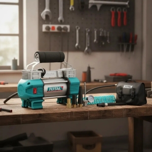 Compresor Inflador Total Industrial 12v Para Vehículos, Con Manómetro, 120psi, 45l/min - Funciona Conectado Por Pinzas A La Batería - Ttac2506 Turquesa/plateado