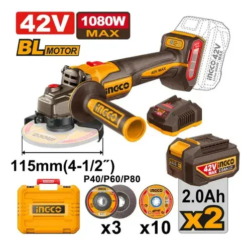 Amoladora Angular 42v 115mm Con 2 Bat Valija Discos Ingco Naranja Claro - Imagen 2