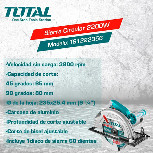 Sierra Circular Eléctrica Total Ts122235622-4 235mm 2.2kw Turquesa 50hz/60hz 50 Hz/60 Hz - Imagen 8