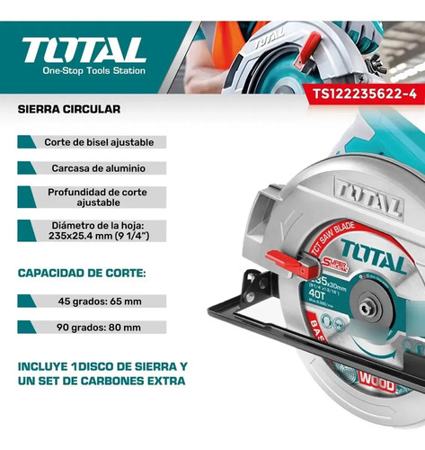 Sierra Circular Eléctrica Total Ts122235622-4 235mm 2.2kw Turquesa 50hz/60hz 50 Hz/60 Hz - Imagen 5
