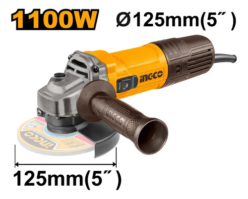 Amoladora Angular 125mm 1100w Ingco Ag110028 Naranja Claro 50/60 - Imagen 2