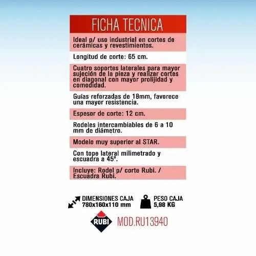 Cortadora Manual Rubi Star Max-65 Para Baldosas De Cerámica Con Bolsa - Imagen 2