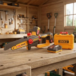 Motosierra 42v 6puLG + Accesorios + Valija Ingco Con 2 Bat Naranja Oscuro