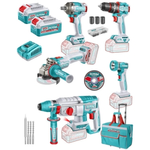 Kit Inalámbrico Total 20v: Percutor 66nm + Rotomartillo + Llave De Impacto 1/2'' + Amoladora 4.1/2''+ Foco - Con 2 Baterías 4.0ah + Cargador Rápido 4a + Valija - Tckli20595