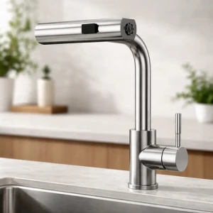 Monocomando De Cocina Mesada Extensible 3 Tipos De Chorro Gris Brillante