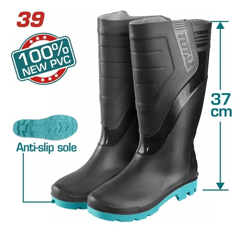 Botas De Lluvia Negras Total Pvc Reforzadas Unisex Caña Alta Negro 39 - Imagen 3