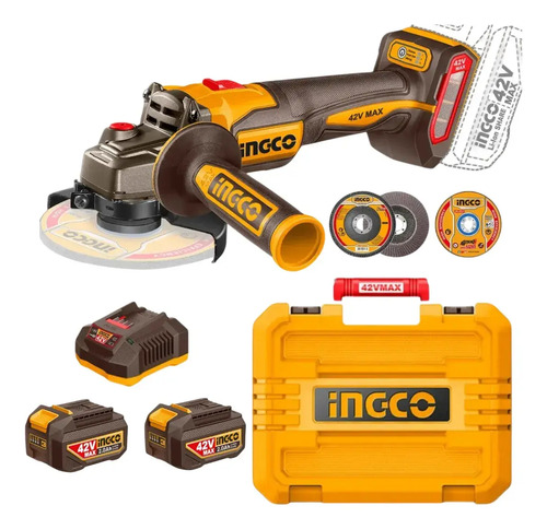 Amoladora Angular 42v 115mm Con 2 Bat Valija Discos Ingco Naranja Claro
