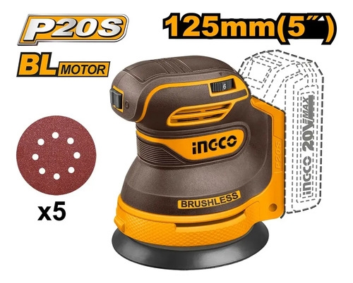 Lijadora Roto Orbital Sin Bateria S/car Ingco Crosli2002 Amarillo 50hz/60hz - Imagen 2