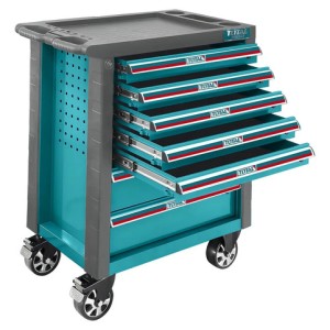 Gabinete Organizador De Herramientas Total, Línea Industrial - Caja, Carro De Taller Metálico - Con Ruedas, 7 Gavetas Y 328 Piezas - Thptcs73281 Turquesa