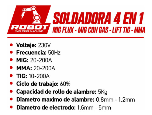 Soldadora Mig Tig Electrodo 4 En 1 200a Robot Con Y Sin Gas Rojo - Imagen 5