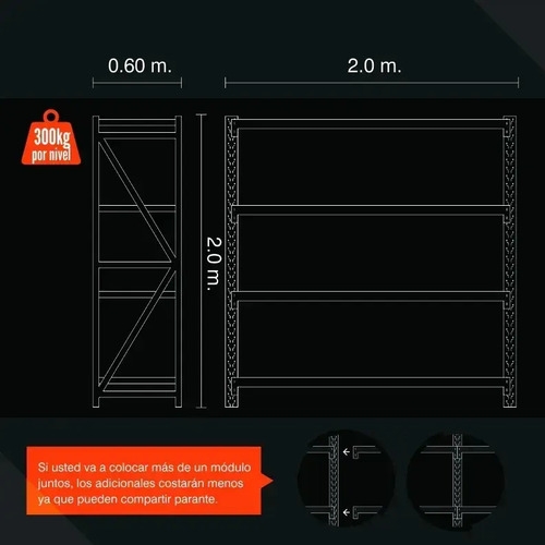 Estantería Metálica Rack Encastre Reforzada 2mx2mx0.6 1200kg Gris Claro - Imagen 6