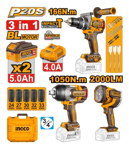Kit Taladro 166nm Llave De Impacto 1050nm + Linterna Ingco - Imagen 2