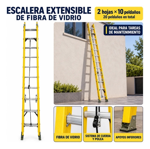 Escalera Extensible Colisa Fibra Vidrio 20 Peldaños 6mt Alto Amarillo - Imagen 2
