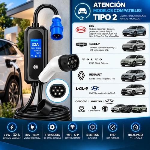 Cargador Auto Eléctrico Tipo 2 7.5kw 32a Toma Schuko Wifi - Imagen 4