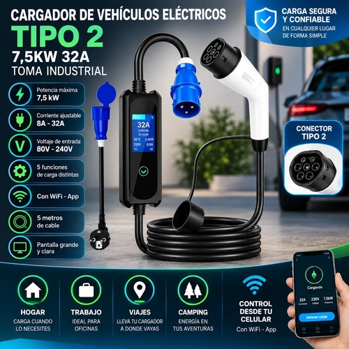 Cargador Auto Eléctrico Tipo 2 7.5kw 32a Toma Schuko Wifi - Imagen 6