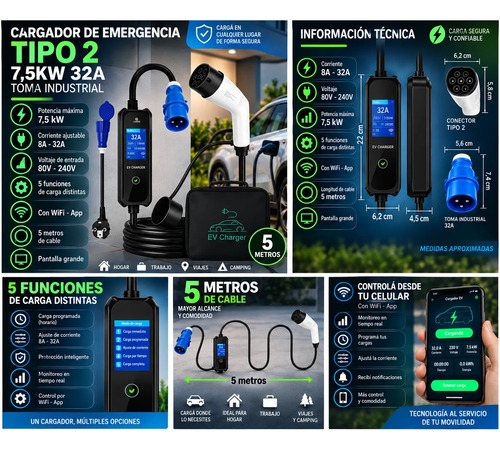 Cargador Auto Eléctrico Tipo 2 7.5kw 32a Toma Schuko Wifi - Imagen 2
