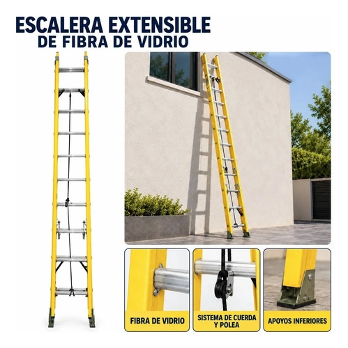 Escalera Extensible Colisa Fibra Vidrio 20 Peldaños 6mt Alto Amarillo - Imagen 8