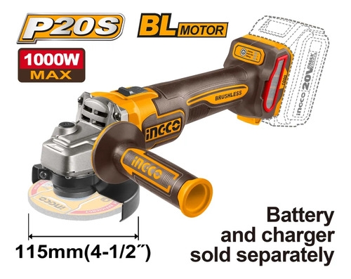 Amoladora Angular A Bateria 20v 115mm S/bat Ingco + Discos Naranja 50 60 - Imagen 2