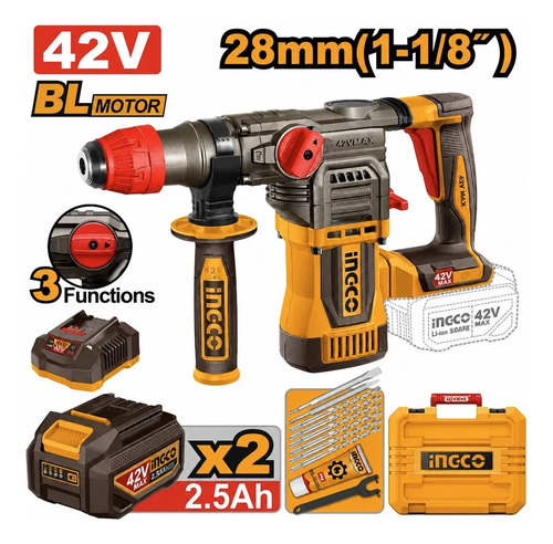 Rotomartillo 42v 28mm 1-1/8 4.5j Acc Ingco Crhli42288 Amarillo 50hz/60hz