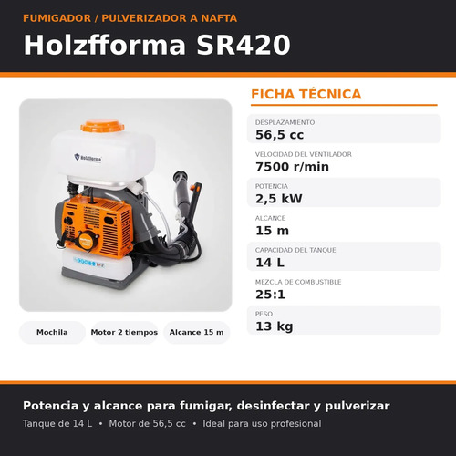 Moto Fumigador Mochila 56.5cc Solido Liquido Holzfforma Pro Naranja - Imagen 6