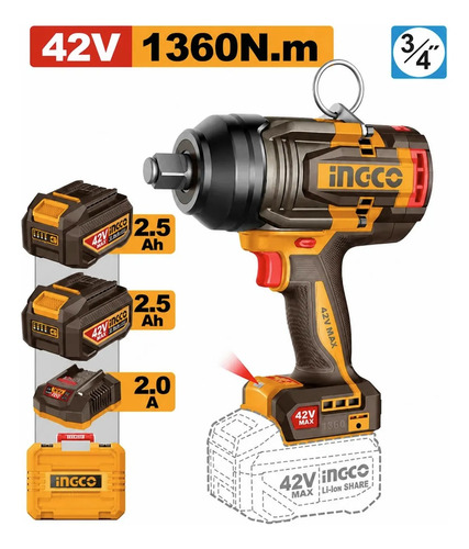 Llave De Impacto 42v M42 1360nm 3/4 2 Baterias 2.5ah Ingco Amarillo 50hz/60hz