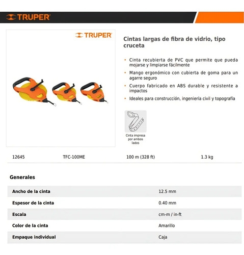 Cinta Metrica Truper 100 Metros Fibra De Vidrio Tfc-100me - Imagen 7