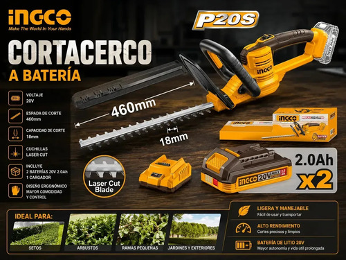 Corta Cerco A Bateria 20v Con 2 Baterias 2.0ah Y Cargador Ingco - Imagen 3