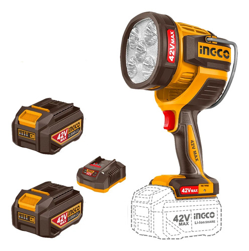 Linterna 42v 2800 L+ 2 Bat 2.0ah + Cargador Ingco Cwli42896 Blanco Amarillo
