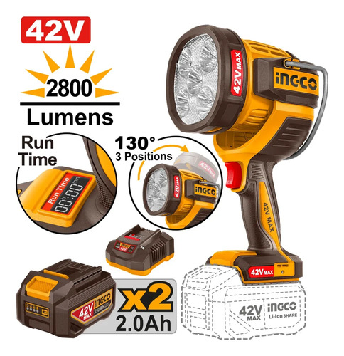 Linterna 42v 2800 L+ 2 Bat 2.0ah + Cargador Ingco Cwli42896 Blanco Amarillo - Imagen 3