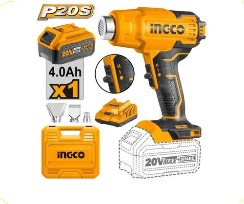 Pistola De Calor 20v Ingco Batería 4 Ah + Cargador Hgli20025 Amarillo - Imagen 3