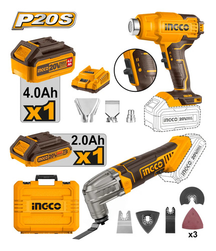 Kit 20v Pistola Calor Multifun Ingco C/bat Y Car En Maetin Amarillo - Imagen 2
