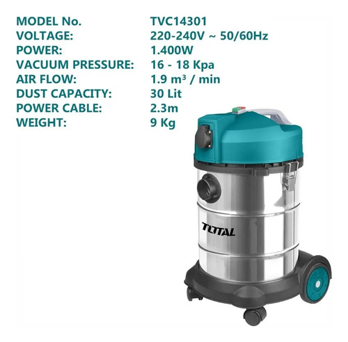 Aspiradora Industrial 1400w Total 30l Seco Humedo Acero Inox Turquesa - Imagen 6